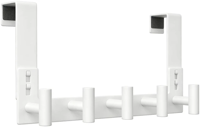 Main image of White Stainless Steel Door Hanger for Towel, Heavy Duty Over The Door Hooks for Clothes, Coat (T-Shape, 5 Hook, Fits 1-3/4'' Thick)