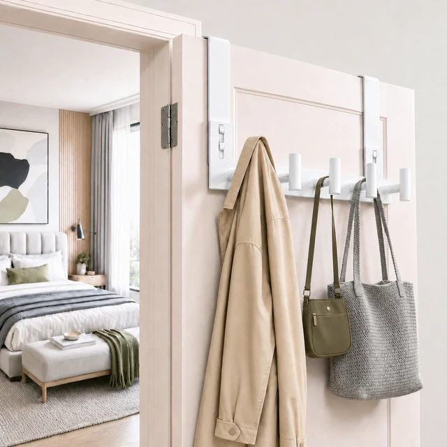 Alt view image 3 of 3 - White Stainless Steel Door Hanger for Towel, Heavy Duty Over The Door Hooks for Clothes, Coat (T-Shape, 5 Hook, Fits 1-3/4'' Thick)