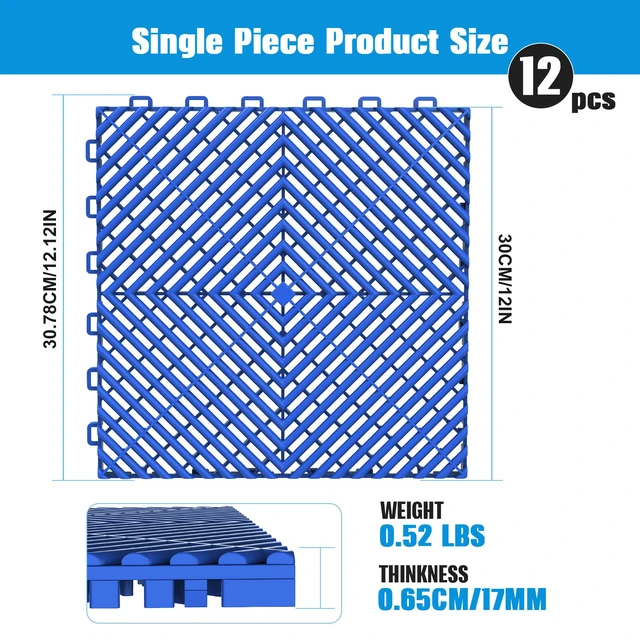 Alt view image 2 of 7 - 12-Pcs Interlocking Tile, 12" x 12" Indoor/Outdoor Self-Drainage Interlocking Floor Tiles, Non-Slip Heavy-Duty Polypropylene Splicing Flooring Tile for Garage Patio Pool Bathroom, Blue