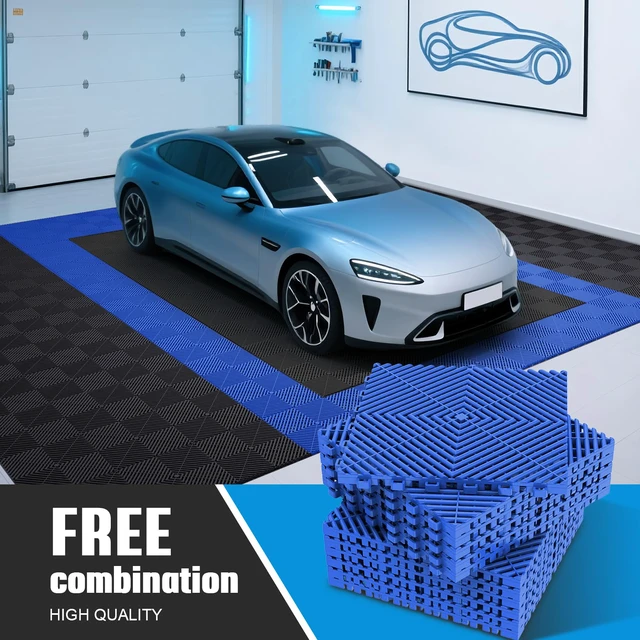 Alt view image 6 of 7 - 12-Pcs Interlocking Tile, 12" x 12" Indoor/Outdoor Self-Drainage Interlocking Floor Tiles, Non-Slip Heavy-Duty Polypropylene Splicing Flooring Tile for Garage Patio Pool Bathroom, Blue