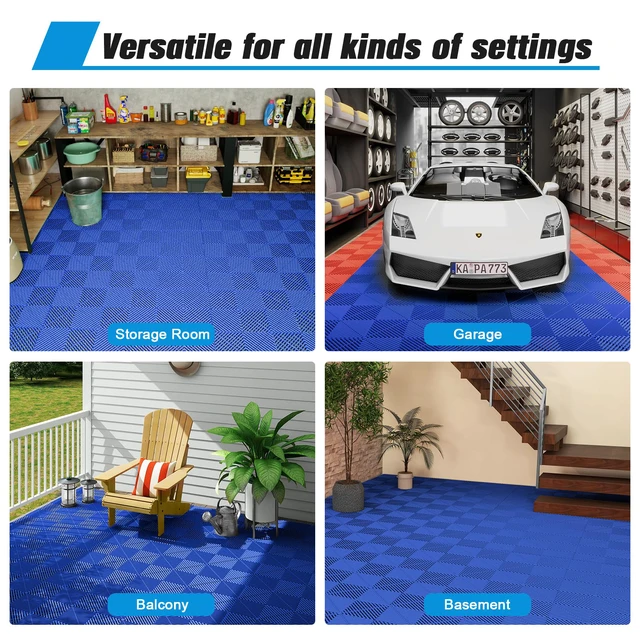 Alt view image 7 of 7 - 12-Pcs Interlocking Tile, 12" x 12" Indoor/Outdoor Self-Drainage Interlocking Floor Tiles, Non-Slip Heavy-Duty Polypropylene Splicing Flooring Tile for Garage Patio Pool Bathroom, Blue