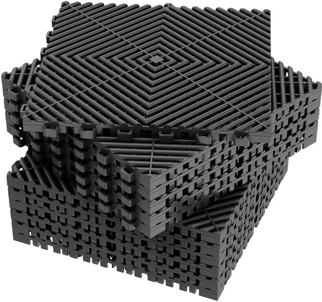 Main image of 12-Pcs Interlocking Tile, 12" x 12" Indoor/Outdoor Self-Drainage Interlocking Floor Tiles, Non-Slip Heavy-Duty Polypropylene Splicing Flooring Tile for Garage Patio Pool Bathroom, Black