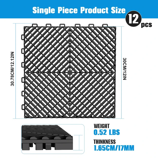 Alt view image 2 of 7 - 12-Pcs Interlocking Tile, 12" x 12" Indoor/Outdoor Self-Drainage Interlocking Floor Tiles, Non-Slip Heavy-Duty Polypropylene Splicing Flooring Tile for Garage Patio Pool Bathroom, Black