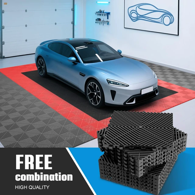 Alt view image 6 of 7 - 12-Pcs Interlocking Tile, 12" x 12" Indoor/Outdoor Self-Drainage Interlocking Floor Tiles, Non-Slip Heavy-Duty Polypropylene Splicing Flooring Tile for Garage Patio Pool Bathroom, Black