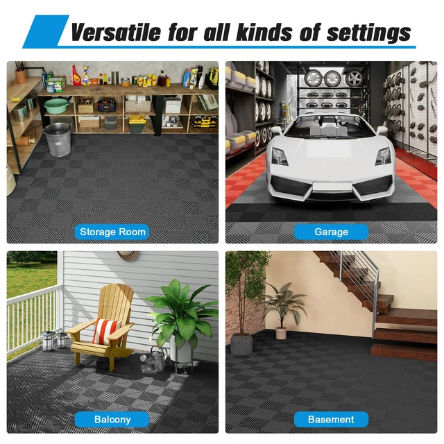 Alt view image 7 of 7 - 12-Pcs Interlocking Tile, 12" x 12" Indoor/Outdoor Self-Drainage Interlocking Floor Tiles, Non-Slip Heavy-Duty Polypropylene Splicing Flooring Tile for Garage Patio Pool Bathroom, Black