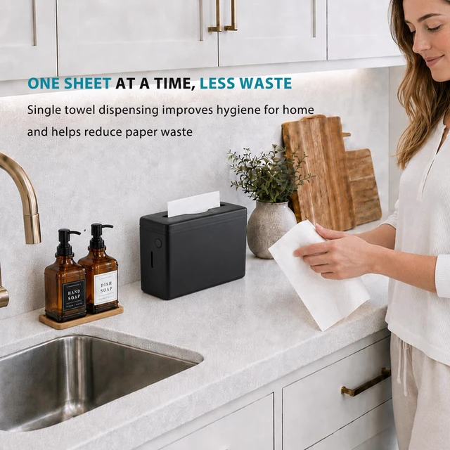 Alt view image 3 of 7 - Multifold Paper Towel Dispenser Countertop Black Wide Design Large Capacity Heavy-Duty Non-Slip Base, Enclosed Push-Button Lid, 300 Sheet Z/C Folded Paper Towel for Bathroom, Kitchen