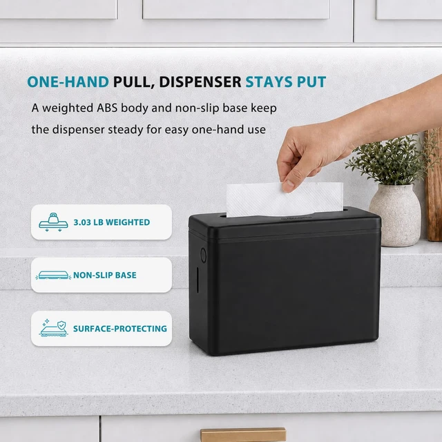 Alt view image 2 of 7 - Multifold Paper Towel Dispenser Countertop Black Wide Design Large Capacity Heavy-Duty Non-Slip Base, Enclosed Push-Button Lid, 300 Sheet Z/C Folded Paper Towel for Bathroom, Kitchen
