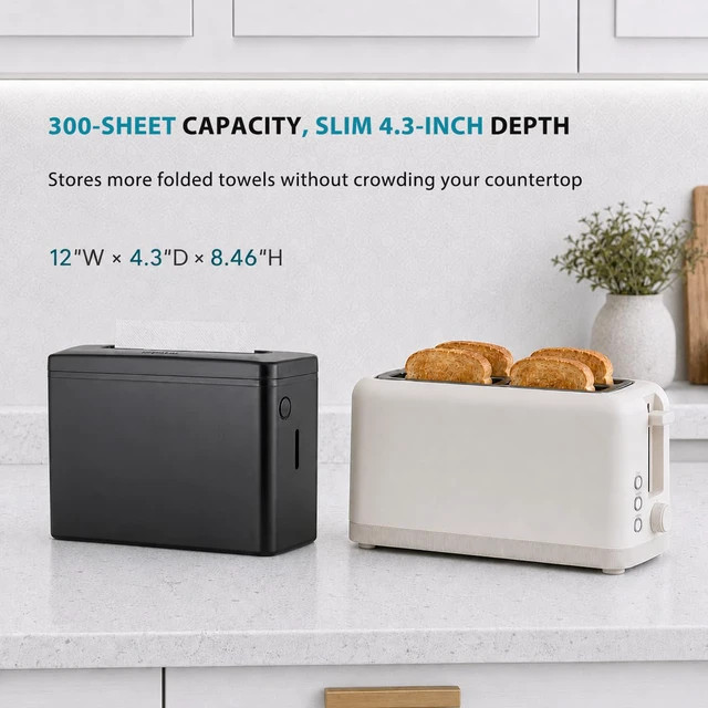 Alt view image 4 of 7 - Multifold Paper Towel Dispenser Countertop Black Wide Design Large Capacity Heavy-Duty Non-Slip Base, Enclosed Push-Button Lid, 300 Sheet Z/C Folded Paper Towel for Bathroom, Kitchen