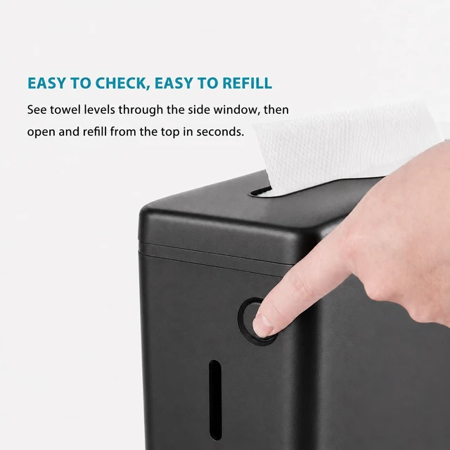Alt view image 5 of 7 - Multifold Paper Towel Dispenser Countertop Black Wide Design Large Capacity Heavy-Duty Non-Slip Base, Enclosed Push-Button Lid, 300 Sheet Z/C Folded Paper Towel for Bathroom, Kitchen