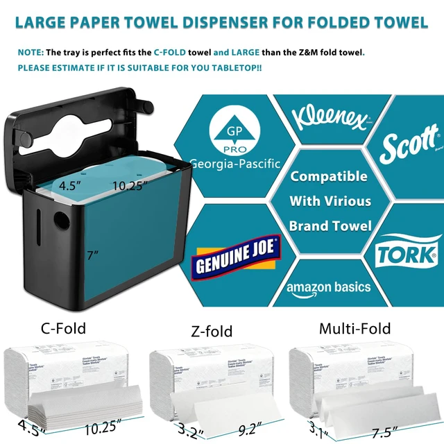 Alt view image 6 of 7 - Multifold Paper Towel Dispenser Countertop Black Wide Design Large Capacity Heavy-Duty Non-Slip Base, Enclosed Push-Button Lid, 300 Sheet Z/C Folded Paper Towel for Bathroom, Kitchen