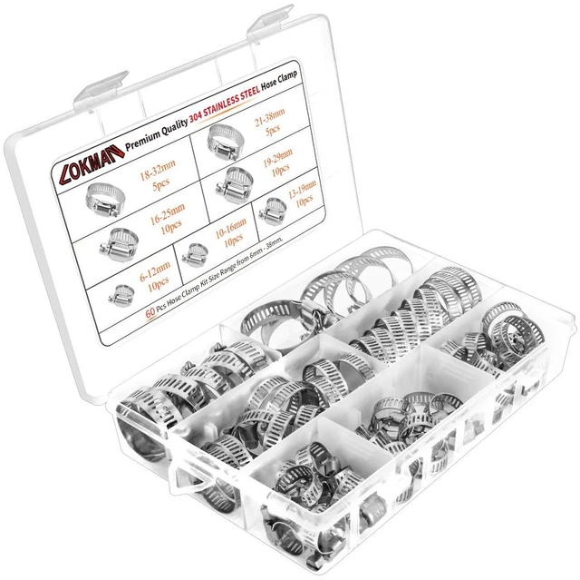 Main image of Stainless Steel Hose Clamp Assortment Kit- 60 Pieces, Adjustable 1/4''- 1-1/2'' (6-38mm) Worm Gear Metal Fuel Line Clamp for Plumbing, Automotive And Mechanical Applications