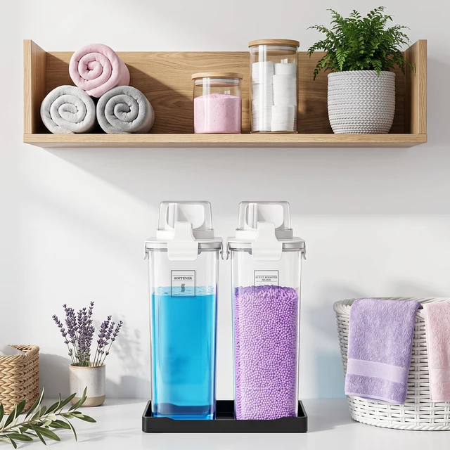 Alt view image 3 of 6 - 94oz Laundry Detergent Dispenser Container,Soap Dispenser,Black Tray,2 Pack Fabric Softener Dispenser,Liquid Laundry Detergent Organizer for Laundry Room Organization