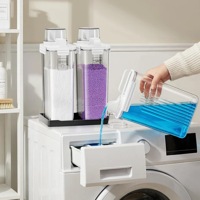 Alt view image 5 of 6 - 94oz Laundry Detergent Dispenser Container,Soap Dispenser,Black Tray,2 Pack Fabric Softener Dispenser,Liquid Laundry Detergent Organizer for Laundry Room Organization