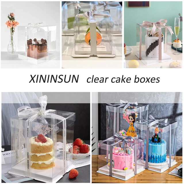 Alt view image 7 of 7 - 6Pcs Tall Cake Boxes Clear cake Box with Ribbon, 12x12x 10inch,Ideal for Large 10" and 12" Inch Tall Layer Tiered Cakes and Clear Gift Boxes for Wedding Party and Gift Display - White