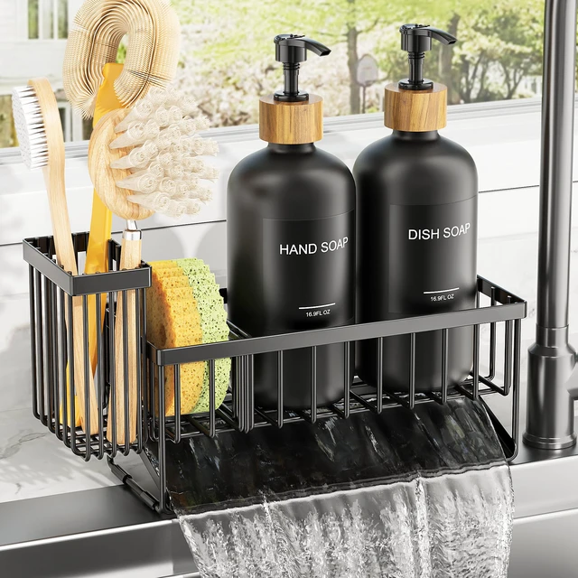 Alt view image 5 of 7 - Kitchen Dish Soap Dispenser Set with 2 Pack 16.9oz Amber Glass Bottle and Sponge Holder, Dish Soap Dispensers with Adjustable Sponge Holder, Vintage Hand and Dish Soap Dispensers Set