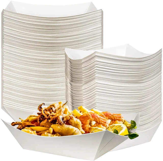 Main image of 100 Pack 2lb Kraft Paper Food Trays, Waterproof Heavy-Duty Paper Food Boats Disposable Serving Baskets Trays for Fries Sandwiches Burgers Hot Dogs Taco BBQ Popcorn Picnic Wedding Party (White)