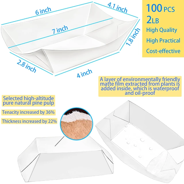 Alt view image 2 of 7 - 100 Pack 2lb Kraft Paper Food Trays, Waterproof Heavy-Duty Paper Food Boats Disposable Serving Baskets Trays for Fries Sandwiches Burgers Hot Dogs Taco BBQ Popcorn Picnic Wedding Party (White)