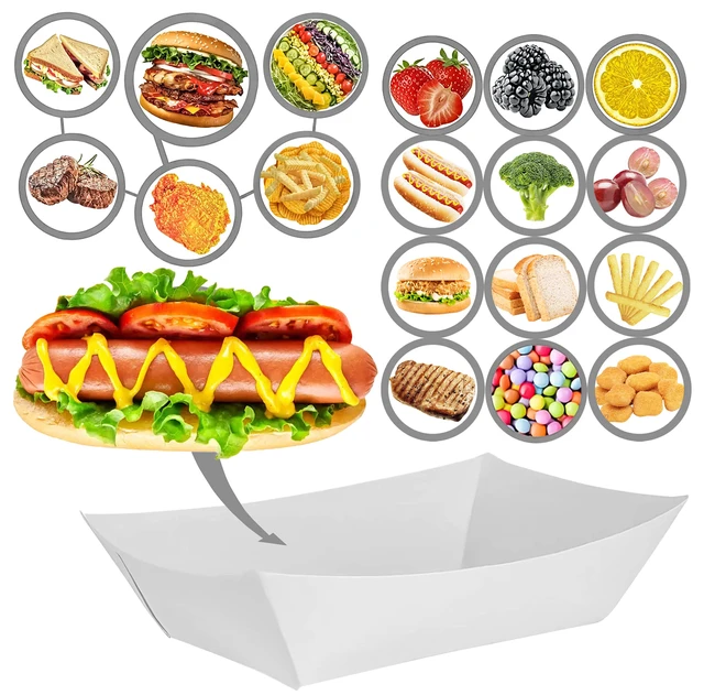 Alt view image 5 of 7 - 100 Pack 2lb Kraft Paper Food Trays, Waterproof Heavy-Duty Paper Food Boats Disposable Serving Baskets Trays for Fries Sandwiches Burgers Hot Dogs Taco BBQ Popcorn Picnic Wedding Party (White)