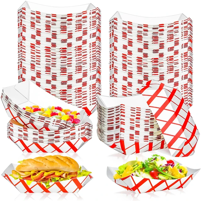 Main image of 100 Pack 2Lb Paper Food Boat Trays Disposable Paper Boat Plate Containers, Kraft Food Serving Tray Boats Baskets Bowls for Snack Popcorn Dessert BBQ Hot Dog Sandwich Burger Taco Fries Nacho