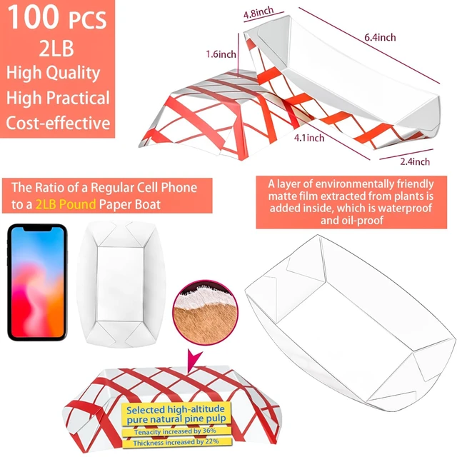 Alt view image 2 of 7 - 100 Pack 2Lb Paper Food Boat Trays Disposable Paper Boat Plate Containers, Kraft Food Serving Tray Boats Baskets Bowls for Snack Popcorn Dessert BBQ Hot Dog Sandwich Burger Taco Fries Nacho