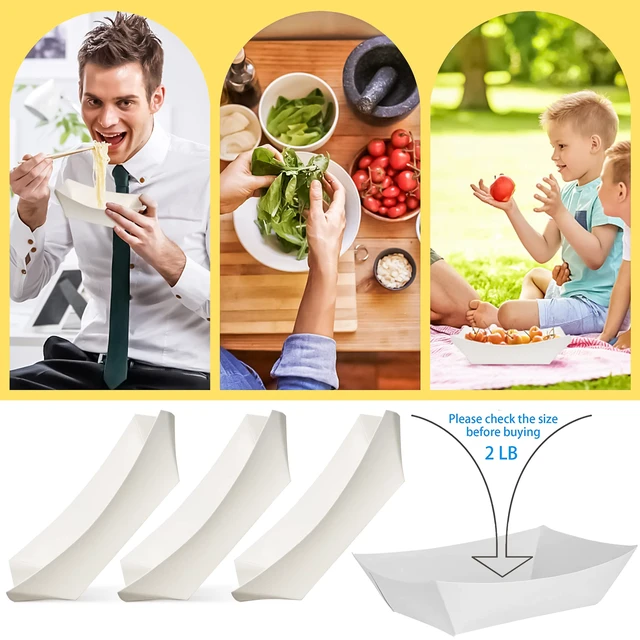 Alt view image 7 of 7 - 100 Pack 2lb Kraft Paper Food Trays, Waterproof Heavy-Duty Paper Food Boats Disposable Serving Baskets Trays for Fries Sandwiches Burgers Hot Dogs Taco BBQ Popcorn Picnic Wedding Party (White)