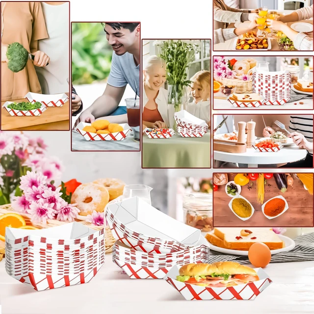 Alt view image 5 of 7 - 100 Pack 2Lb Paper Food Boat Trays Disposable Paper Boat Plate Containers, Kraft Food Serving Tray Boats Baskets Bowls for Snack Popcorn Dessert BBQ Hot Dog Sandwich Burger Taco Fries Nacho