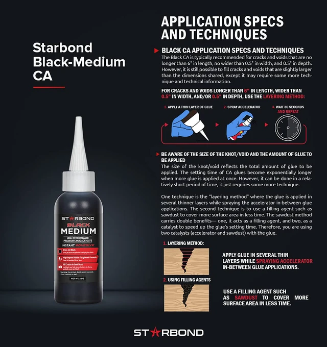 Alt view image 6 of 6 - Black Medium CA Glue, Premium Cyanoacrylate Super Glue, Crack Filler 150 CPS Viscosity, for Woodworking, Woodturning, Carpentry, Guitar, RC, Hobby, 2oz