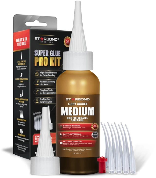 Main image of Light Brown Medium CA Glue Pro Kit (2 oz) Premium Cyanoacrylate Super Glue Knot Filler for Woodworking, Woodturning, Carpentry, Furniture Repair, Crack Filling, Guitar Repair, Hobby