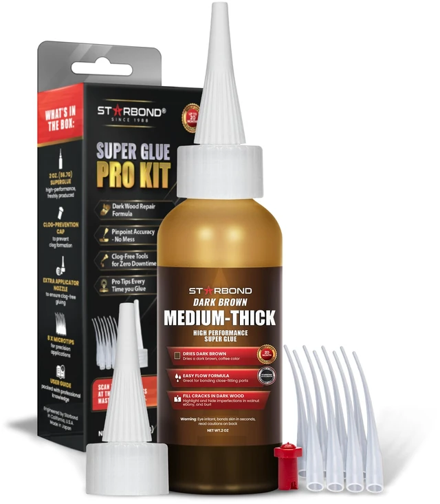 Main image of 2 oz. Dark Brown Medium-Thick CA Glue (Premium Cyanoacrylate Super Glue) Knot Filler 500 CPS Viscosity for Woodworking, Woodturning, Carpentry, Guitar, RC Hobby