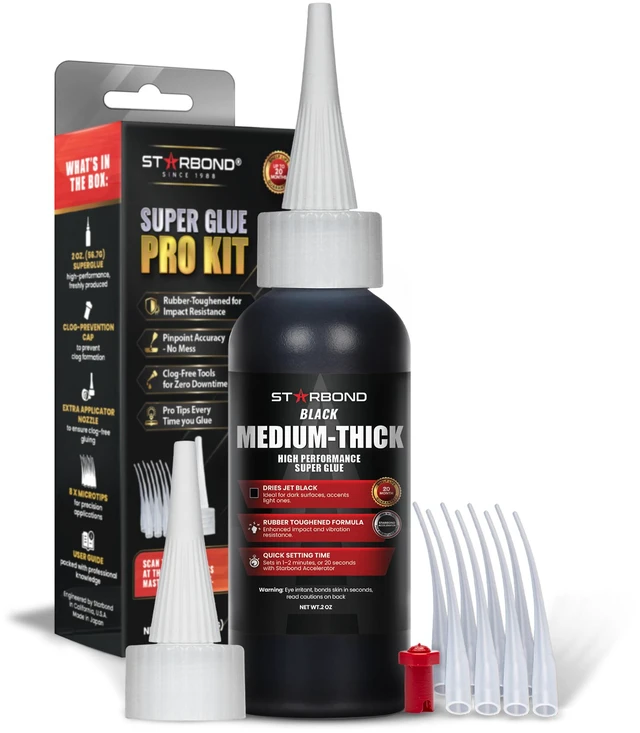 Main image of Black Medium-Thick CA Glue Pro Kit (2 oz) Rubber-Toughened, Impact-Resistant Cyanoacrylate Super Glue for Durable Knot Filling, Crack Repair, Woodworking, Guitar, Hobby & RC Projects