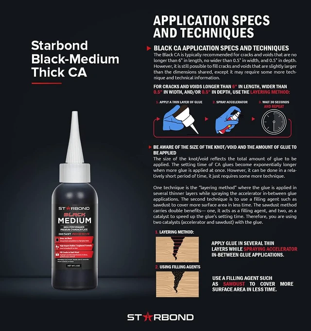 Alt view image 6 of 7 - Black Medium-Thick CA Glue Pro Kit (2 oz) Rubber-Toughened, Impact-Resistant Cyanoacrylate Super Glue for Durable Knot Filling, Crack Repair, Woodworking, Guitar, Hobby & RC Projects