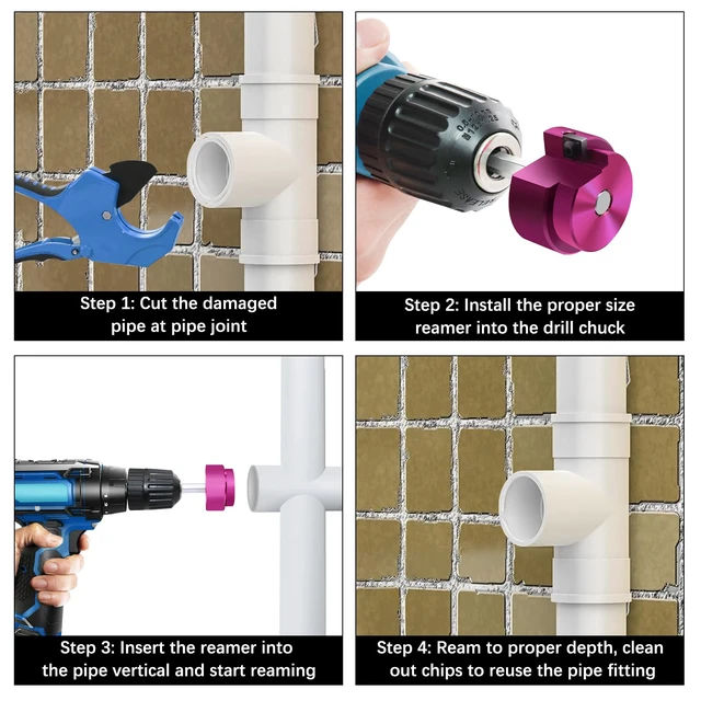 Alt view image 6 of 7 - 4 Pcs PVC Reamer Kit, Fitting Saver PVC Pipe Reamer Socket Saver Set Includes 1 1/2 Inch 2 Inch 3 Inch 4 Inch,Plastic Pipe Reamers Plumbing Tool Kit for Sch.40 CPVC ABS,Fit for 1/2" Drills
