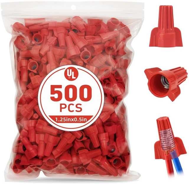 Main image of 500 Pcs Red Wire Connectors Nuts, Winged UL Listed Wire Caps 22-6 AWG, Twist-On Nuts Screw Wires Cap Large, for Home Electric Wiring, DIY Repairs & Commercial Use, Assortment Available