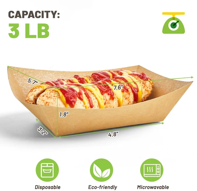 Alt view image 2 of 7 - 100 Pack 3 Lb Paper Food Trays Disposable, Kraft Paper, Nacho Trays, Food Boats, Taco Holders, Party Serving Baskets, For Hot Dogs Snacks Tacos Fries