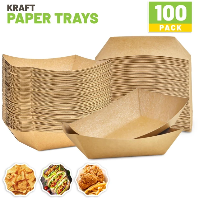 Alt view image 3 of 7 - 100 Pack 3 Lb Paper Food Trays Disposable, Kraft Paper, Nacho Trays, Food Boats, Taco Holders, Party Serving Baskets, For Hot Dogs Snacks Tacos Fries