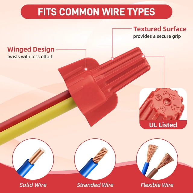 Alt view image 4 of 7 - 500 Pcs Red Wire Connectors Nuts, Winged UL Listed Wire Caps 22-6 AWG, Twist-On Nuts Screw Wires Cap Large, for Home Electric Wiring, DIY Repairs & Commercial Use, Assortment Available
