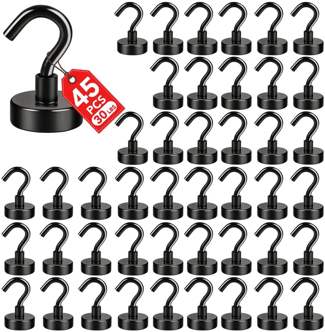 Main image of 45 Pack Magnetic Hooks,30Lb Magnetic Hooks, Black Heavy Duty with Epoxy Coating for Refrigerator, Cruise, Grill, Kitchen,Home