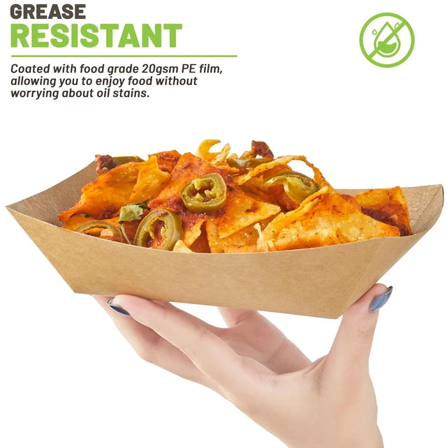 Alt view image 4 of 7 - 100 Pack 3 Lb Paper Food Trays Disposable, Kraft Paper, Nacho Trays, Food Boats, Taco Holders, Party Serving Baskets, For Hot Dogs Snacks Tacos Fries