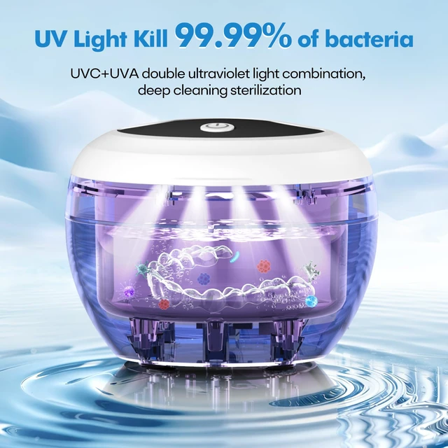 Alt view image 3 of 7 - Upgraded Ultrasonic Retainer Cleaner Machine, 48kHz Ultrasonic Dentures Cleaner for Mouth Guards, Braces, Aligner, Toothbrush & Jewelry, 200ML Capacity, White