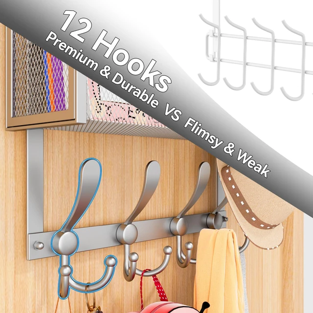 Alt view image 5 of 7 - Over The Door Hooks Organizer, Coat Rack Over The Door Storage Hanger Towel Rack, Back of Door Storage Organizer for Bathroom,Bedroom,Kitchen,Office (Silver, 4-Tier)