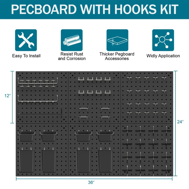 Alt view image 4 of 7 - Peg Board Kit, Includes Pegboard and Accessories,with Hooks and Bins,Peg Board Wall Organizer for Office,Ornaments Display,Crafts Organization (129, Black)
