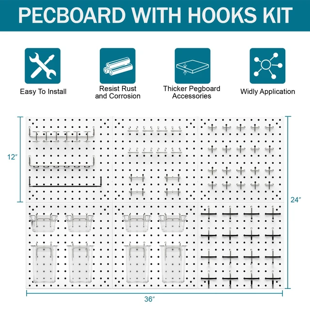 Alt view image 4 of 7 - Peg Board Kit, Includes Pegboard and Accessories,with Hooks and Bins,Peg Board Wall Organizer for Office,Ornaments Display,Crafts Organization (129, White)