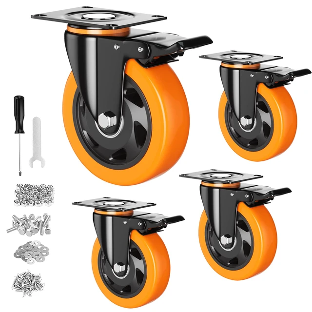 Main image of 3 Inch Caster Wheels, Heavy Duty Casters Set of 4 with Brake Polyurethane, Dual Lock Industrial Swivel Plate Mount for Furniture/ Workbench/Cart, Hardware Kits for Installation