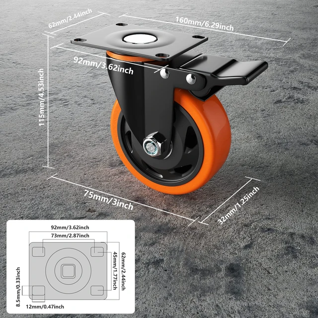 Alt view image 2 of 6 - 3 Inch Caster Wheels, Heavy Duty Casters Set of 4 with Brake Polyurethane, Dual Lock Industrial Swivel Plate Mount for Furniture/ Workbench/Cart, Hardware Kits for Installation