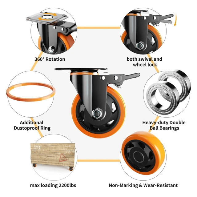 Alt view image 3 of 6 - 3 Inch Caster Wheels, Heavy Duty Casters Set of 4 with Brake Polyurethane, Dual Lock Industrial Swivel Plate Mount for Furniture/ Workbench/Cart, Hardware Kits for Installation
