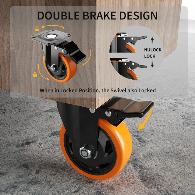 Alt view image 4 of 6 - 3 Inch Caster Wheels, Heavy Duty Casters Set of 4 with Brake Polyurethane, Dual Lock Industrial Swivel Plate Mount for Furniture/ Workbench/Cart, Hardware Kits for Installation