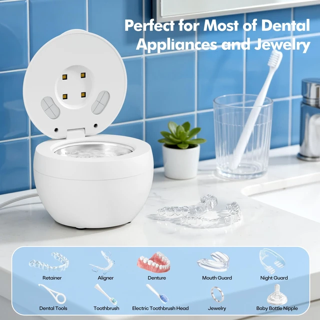 Alt view image 6 of 7 - Upgraded Ultrasonic Retainer Cleaner Machine, 48kHz Ultrasonic Dentures Cleaner for Mouth Guards, Braces, Aligner, Toothbrush & Jewelry, 200ML Capacity, White