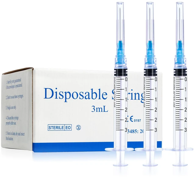 Main image of 3ml Syringes with 23 Gauge 1 Inch Needles Luer Lock Disposable, 100 Pack Disposable Lab Supplies for Measuring Refilling Dispensing Liquids, Oil, Inks, Watering, Plant, Pet Feeding, Glue Applicator
