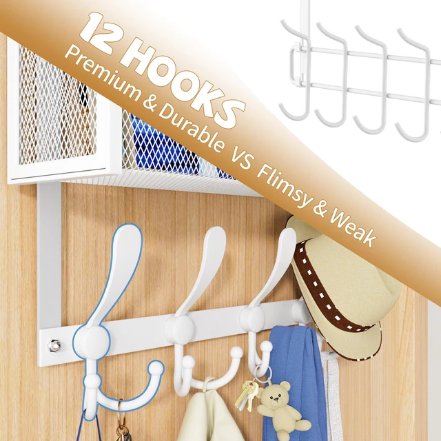 Alt view image 3 of 7 - Over The Door Hooks Organizer, Coat Rack Over The Door Storage Hanger Towel Rack, Back of Door Storage Organizer for Bathroom,Bedroom,Kitchen,Office (White, 3-Tier)