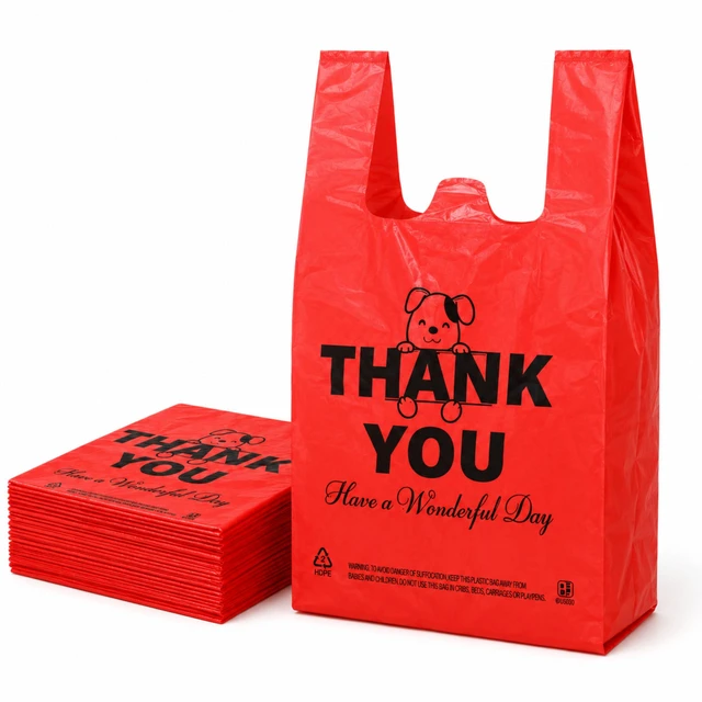 Main image of Red Thank you T shirt bag, Grocery shopping bag Reusable and Disposable Supermarket Bag 11''x6''x21'' 100PCS